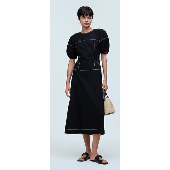 Madewell black jinni puff sleeve drop waist midi dress size 00 new - Picture 1 of 5